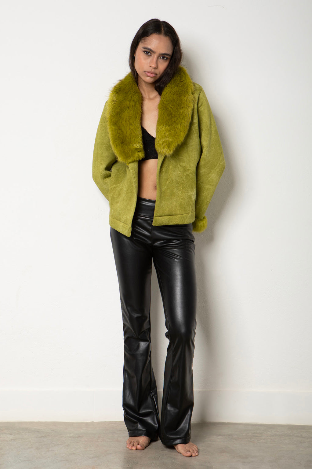 Faux Fur Trimmed Green Jacket