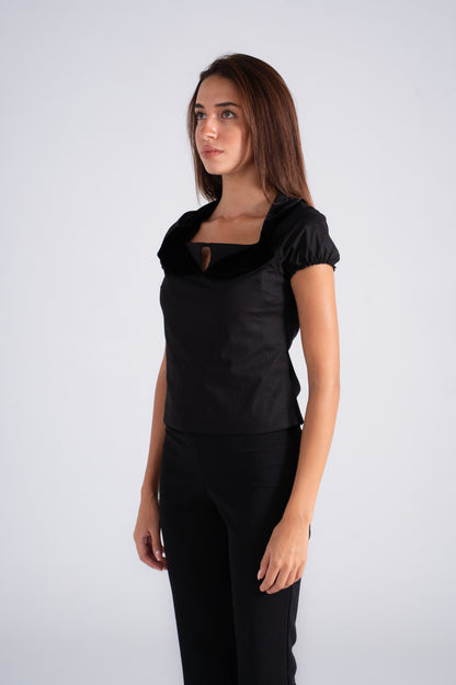 Poplin Top with Velvet and Piping
