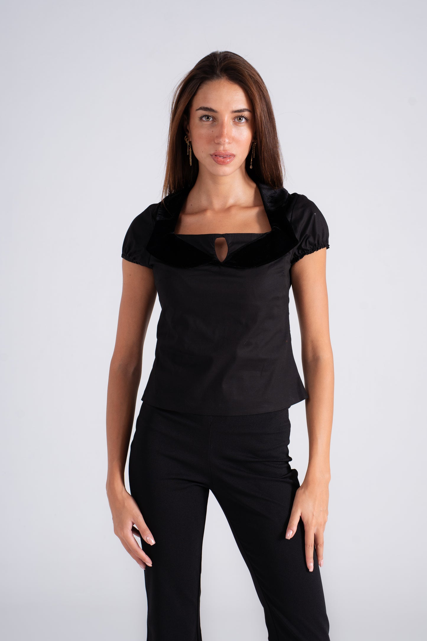 Poplin Top with Velvet and Piping