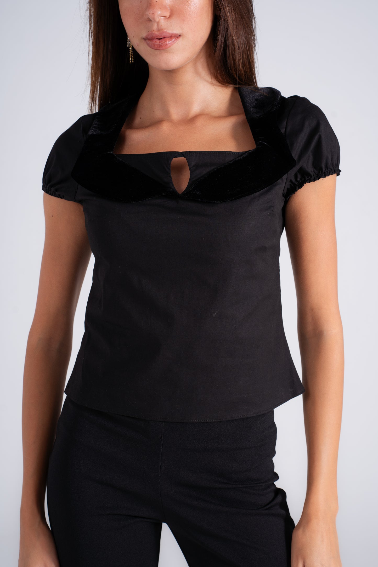 Poplin Top with Velvet and Piping