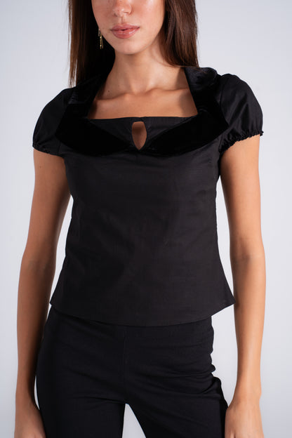 Poplin Top with Velvet and Piping