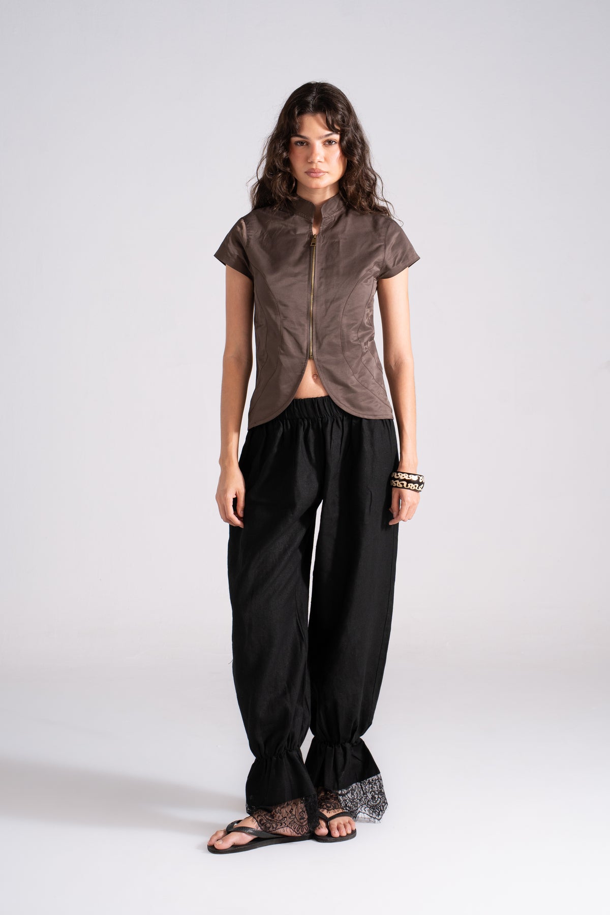 Ballon Linen Pants with Lace Black