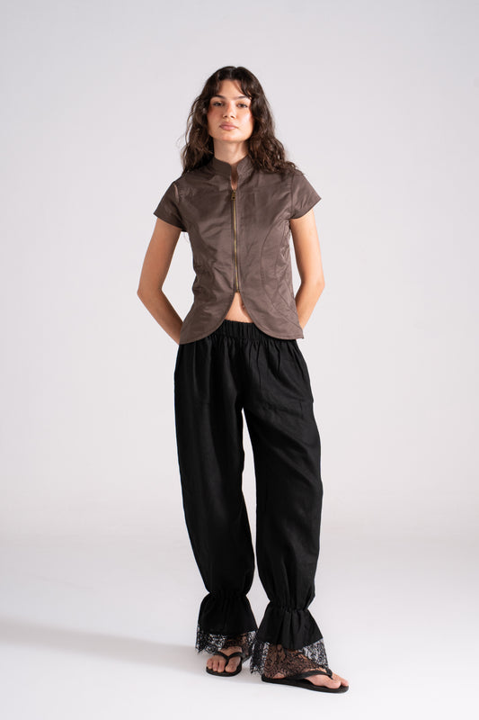 Ballon Linen Pants with Lace Black