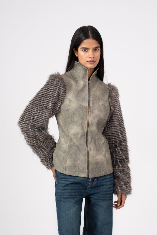 Leather Jacket with Fur Sleeves Stone Grey