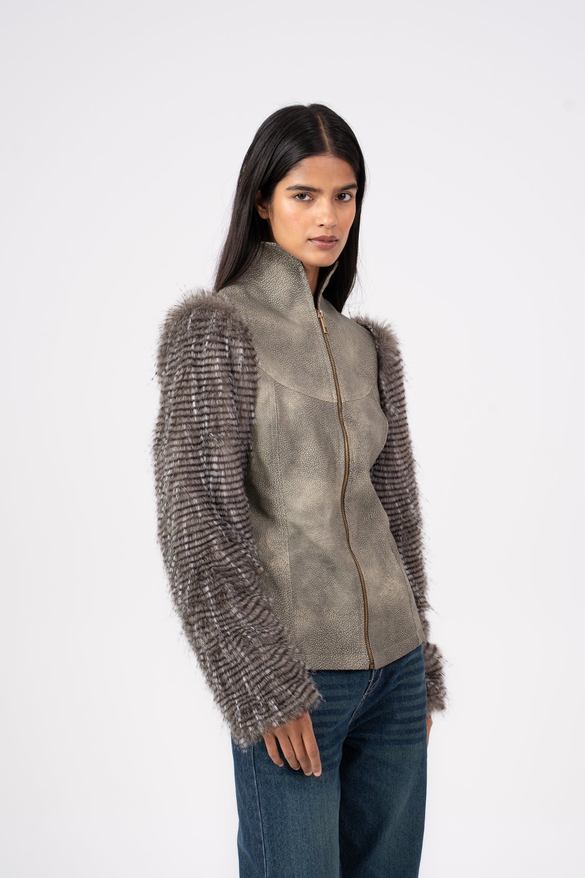 Leather Jacket with Fur Sleeves Stone Grey