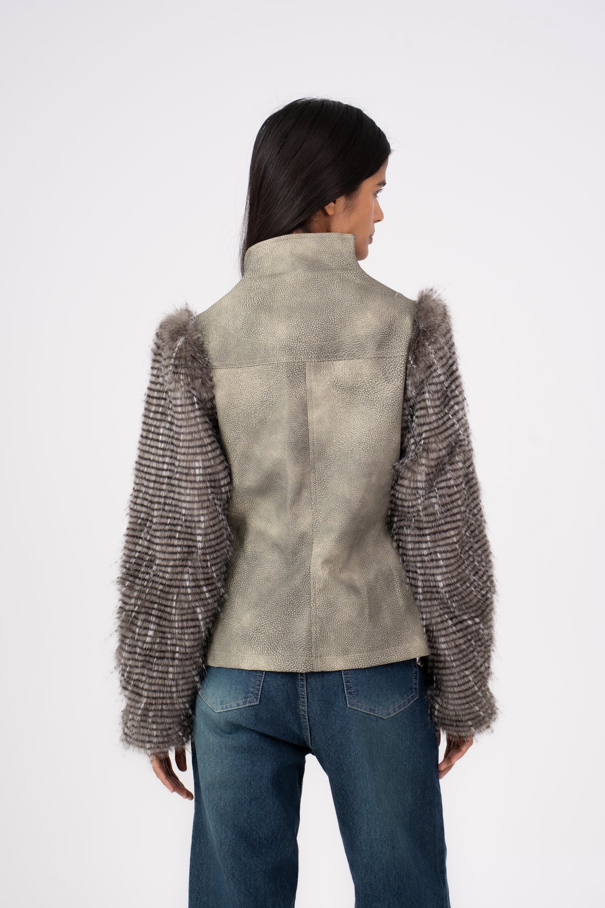 Leather Jacket with Fur Sleeves Stone Grey