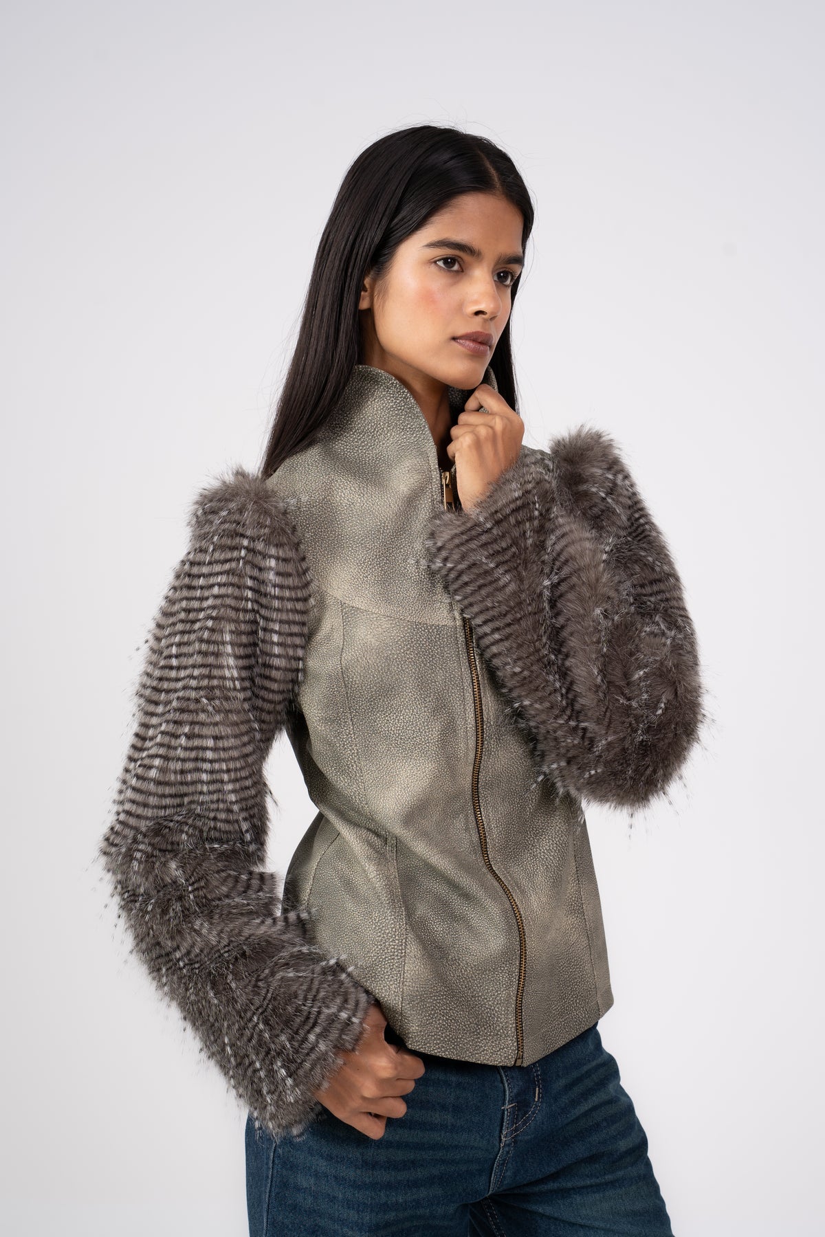 Leather Jacket with Fur Sleeves Stone Grey