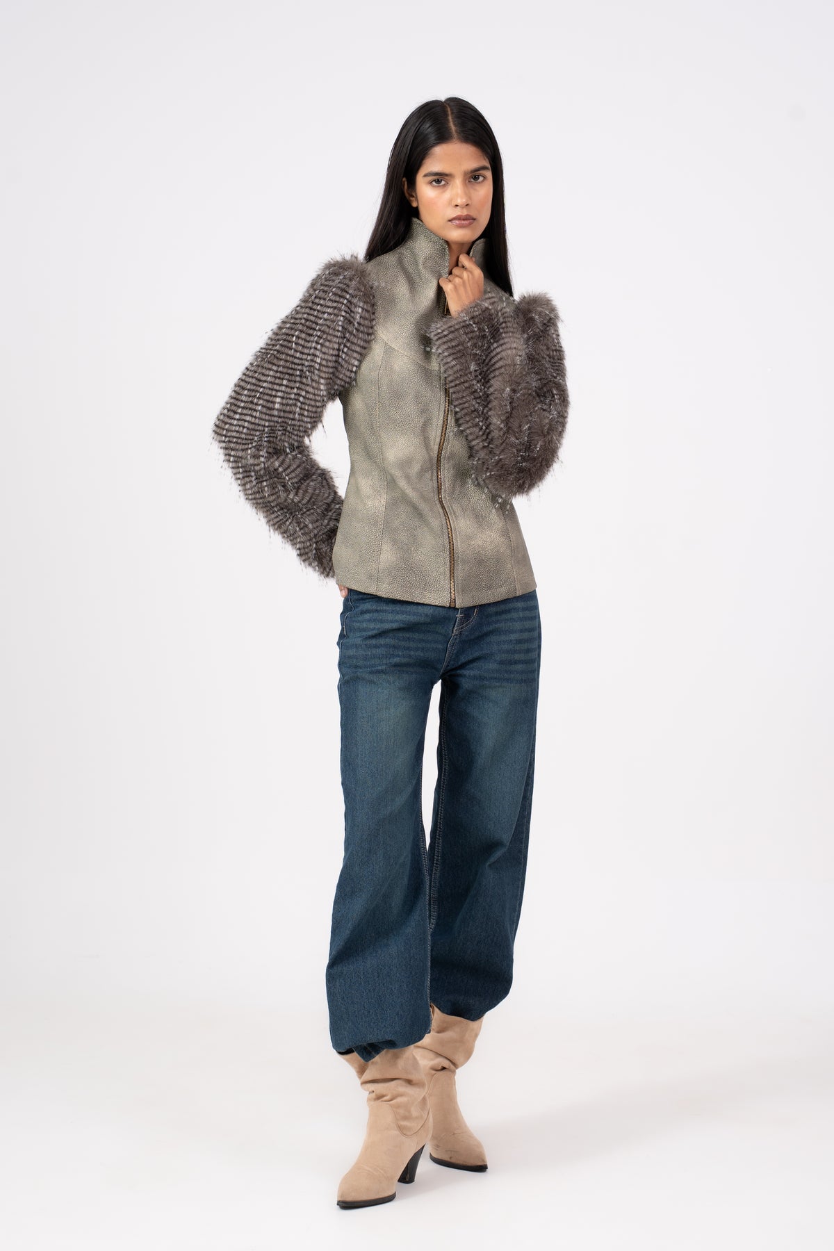 Leather Jacket with Fur Sleeves Stone Grey
