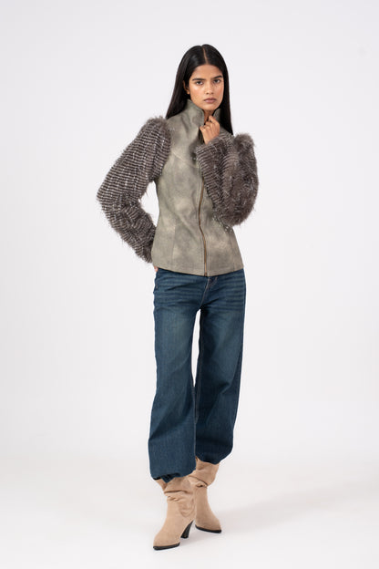 Leather Jacket with Fur Sleeves Stone Grey