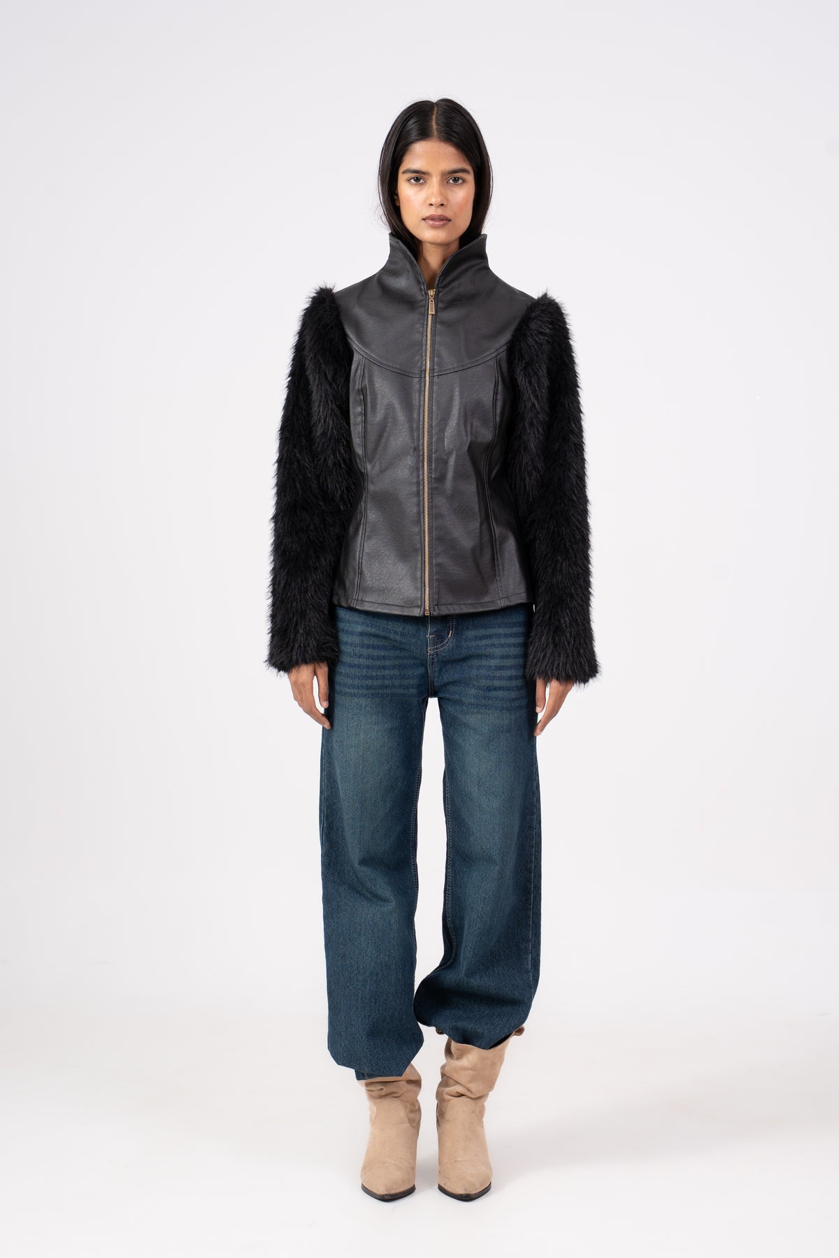 Leather Jacket with Fur Sleeves Black
