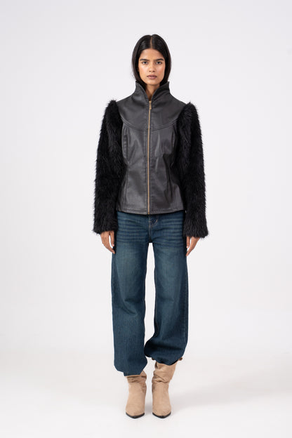 Leather Jacket with Fur Sleeves Black