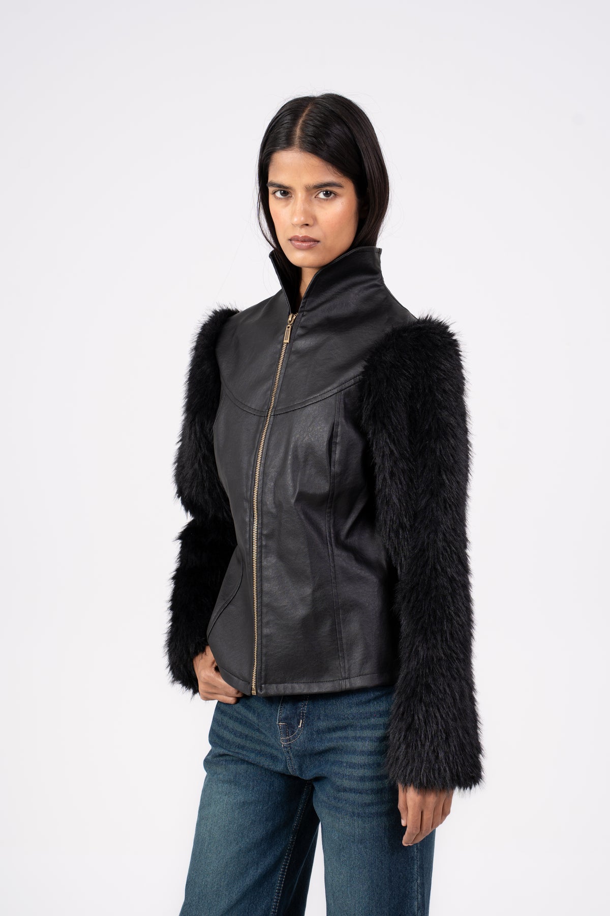 Leather Jacket with Fur Sleeves Black