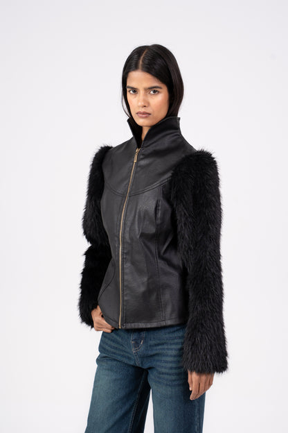 Leather Jacket with Fur Sleeves Black
