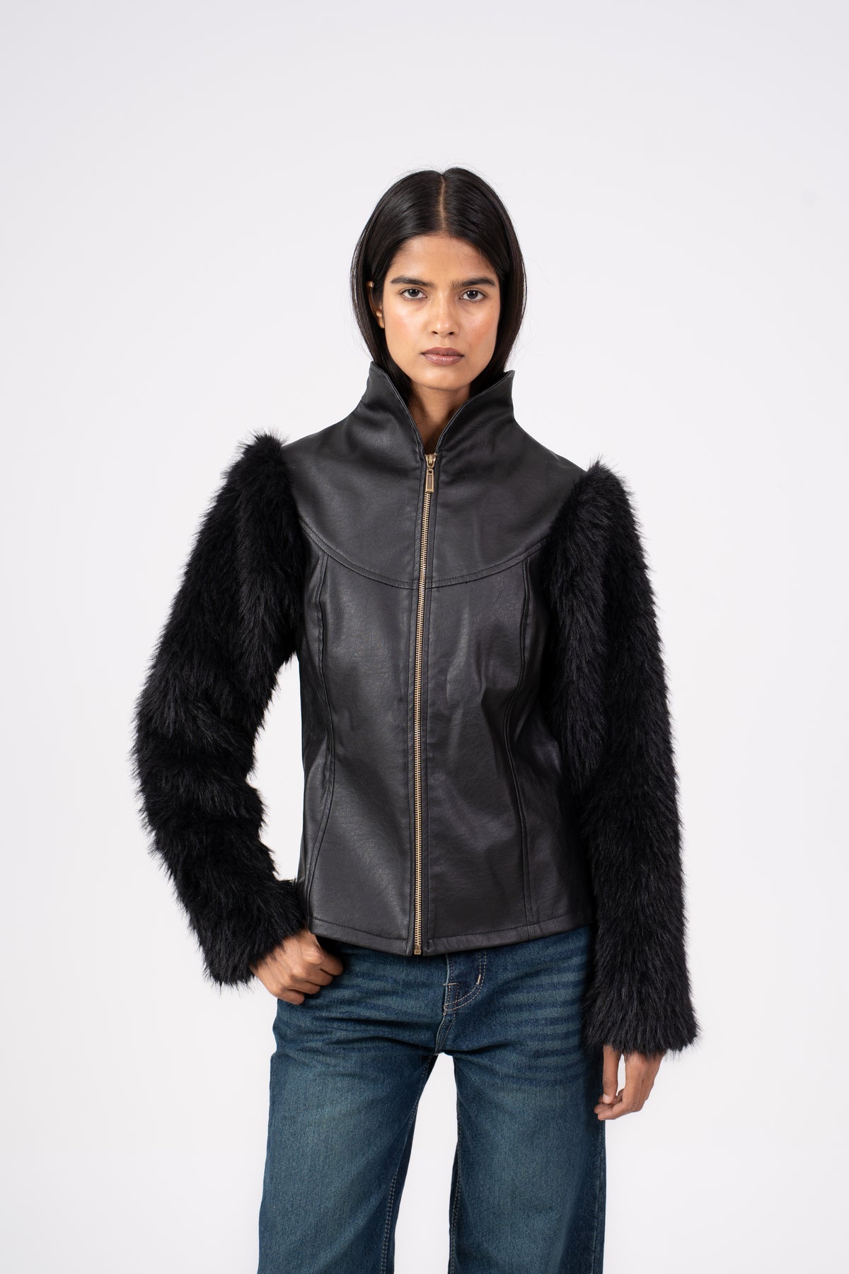 Leather Jacket with Fur Sleeves Black