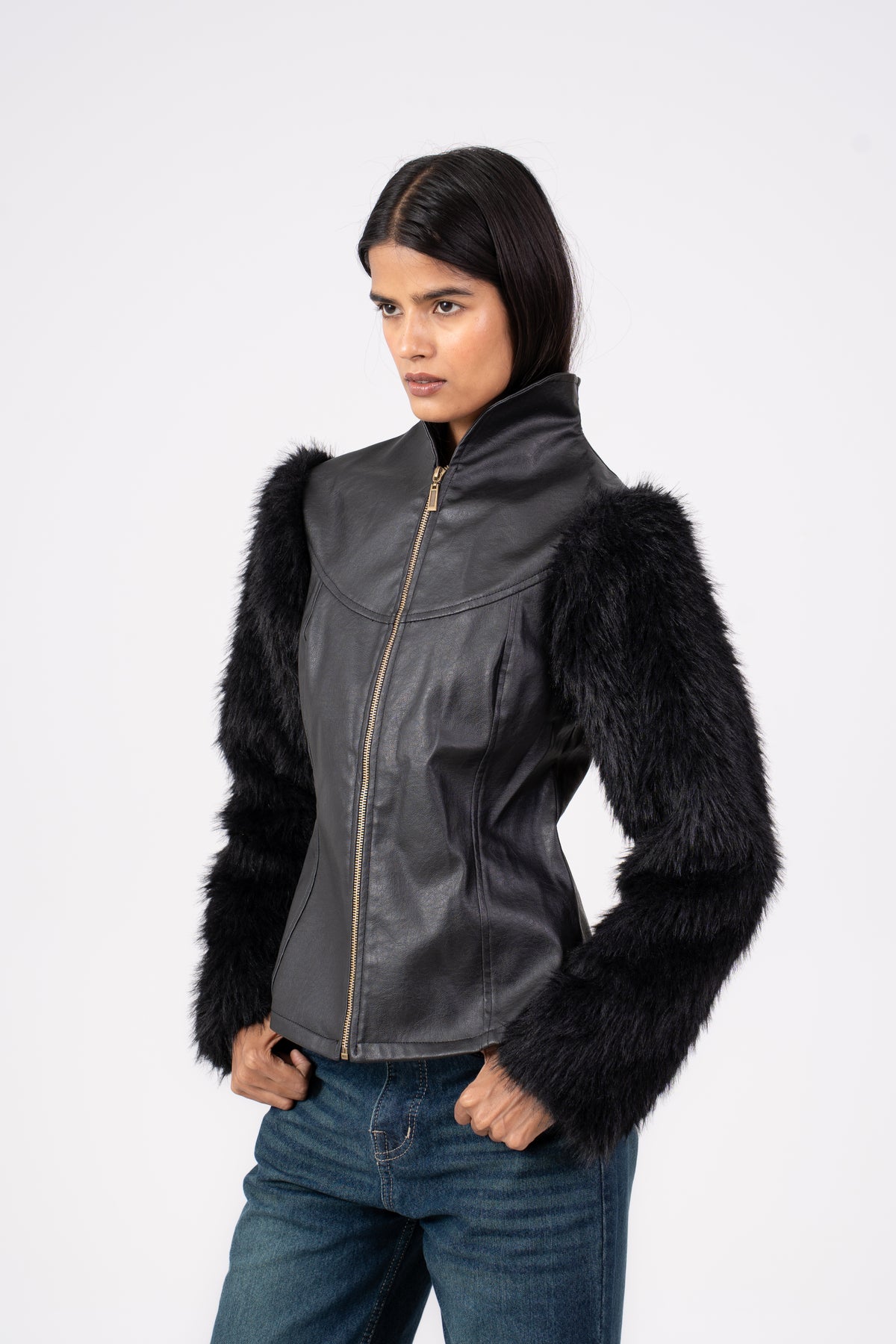 Leather Jacket with Fur Sleeves Black
