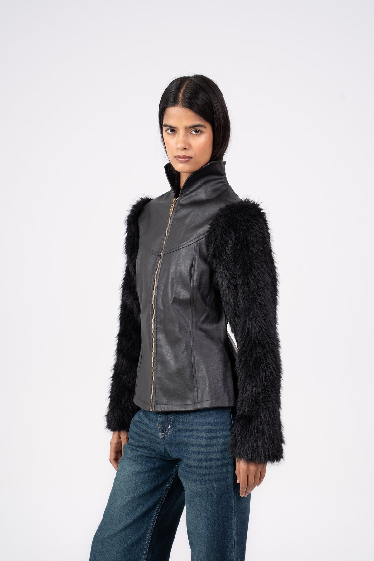 Leather Jacket with Fur Sleeves Black
