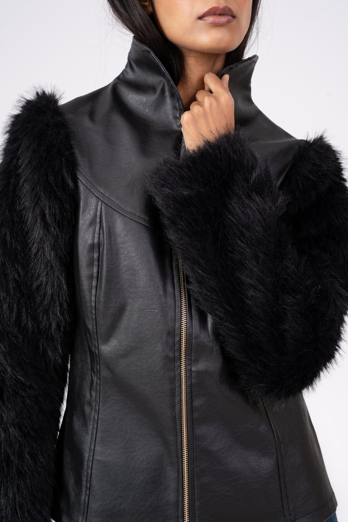 Leather Jacket with Fur Sleeves Black