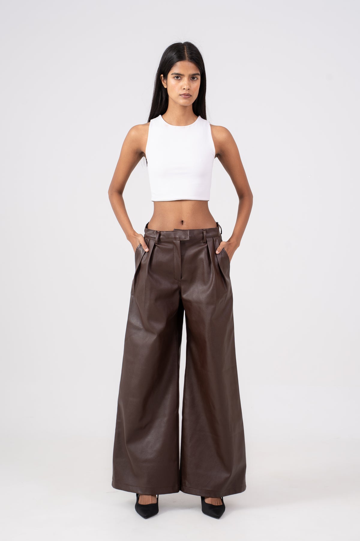 Wide Leg Leather Pants Brown