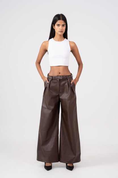 Wide Leg Leather Pants Brown
