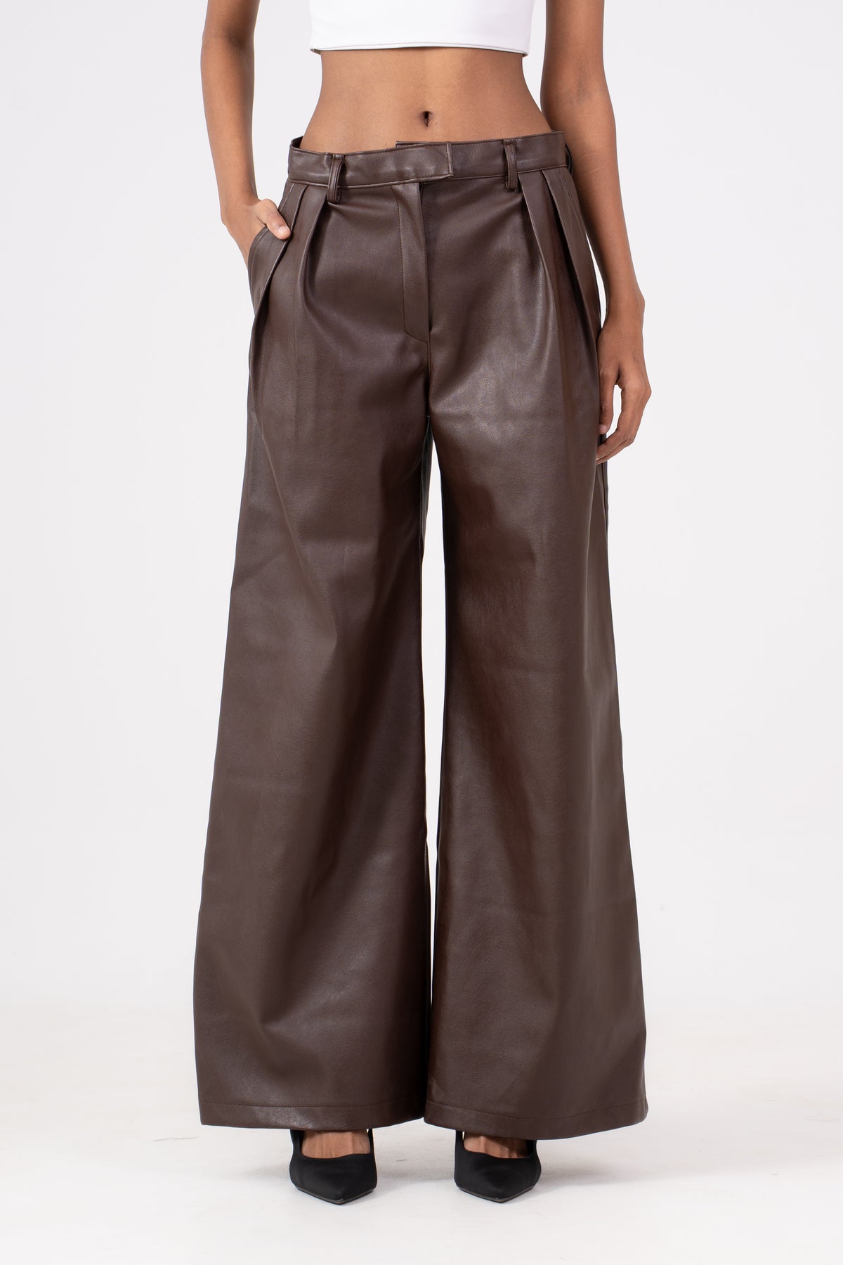 Wide Leg Leather Pants Brown