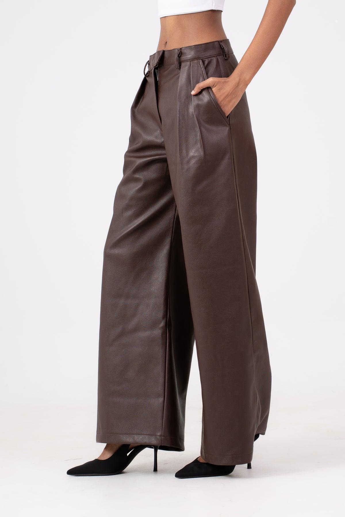 Wide Leg Leather Pants Brown