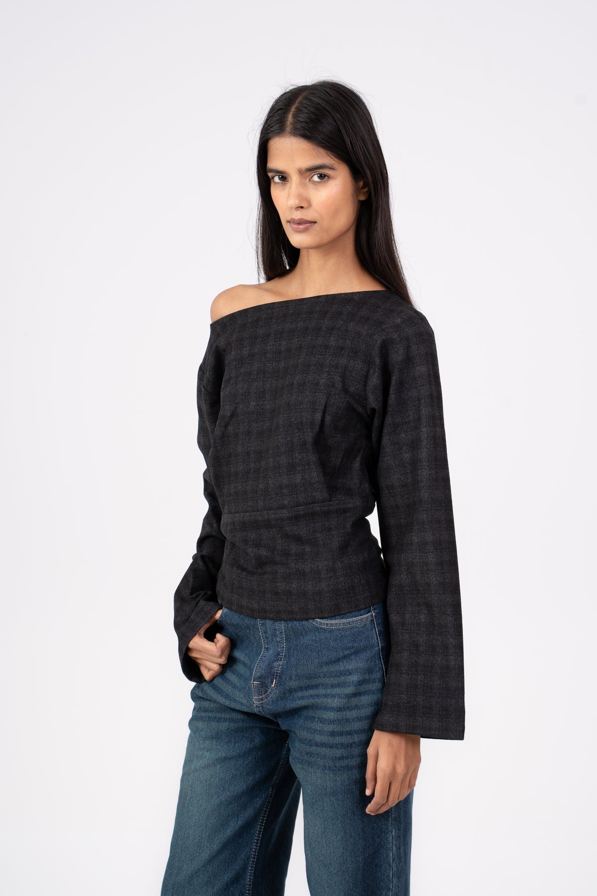 Pleated Checkered Wool Top Grey