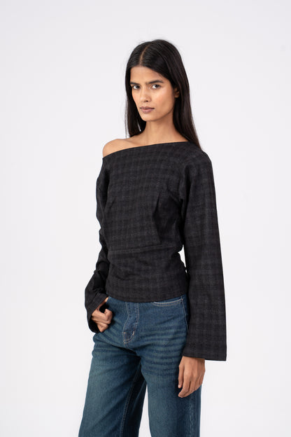 Pleated Checkered Wool Top Grey