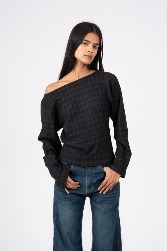 Pleated Checkered Wool Top Grey