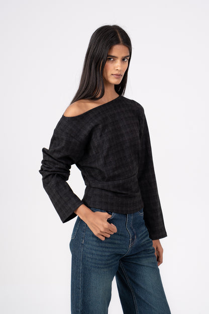 Pleated Checkered Wool Top Grey