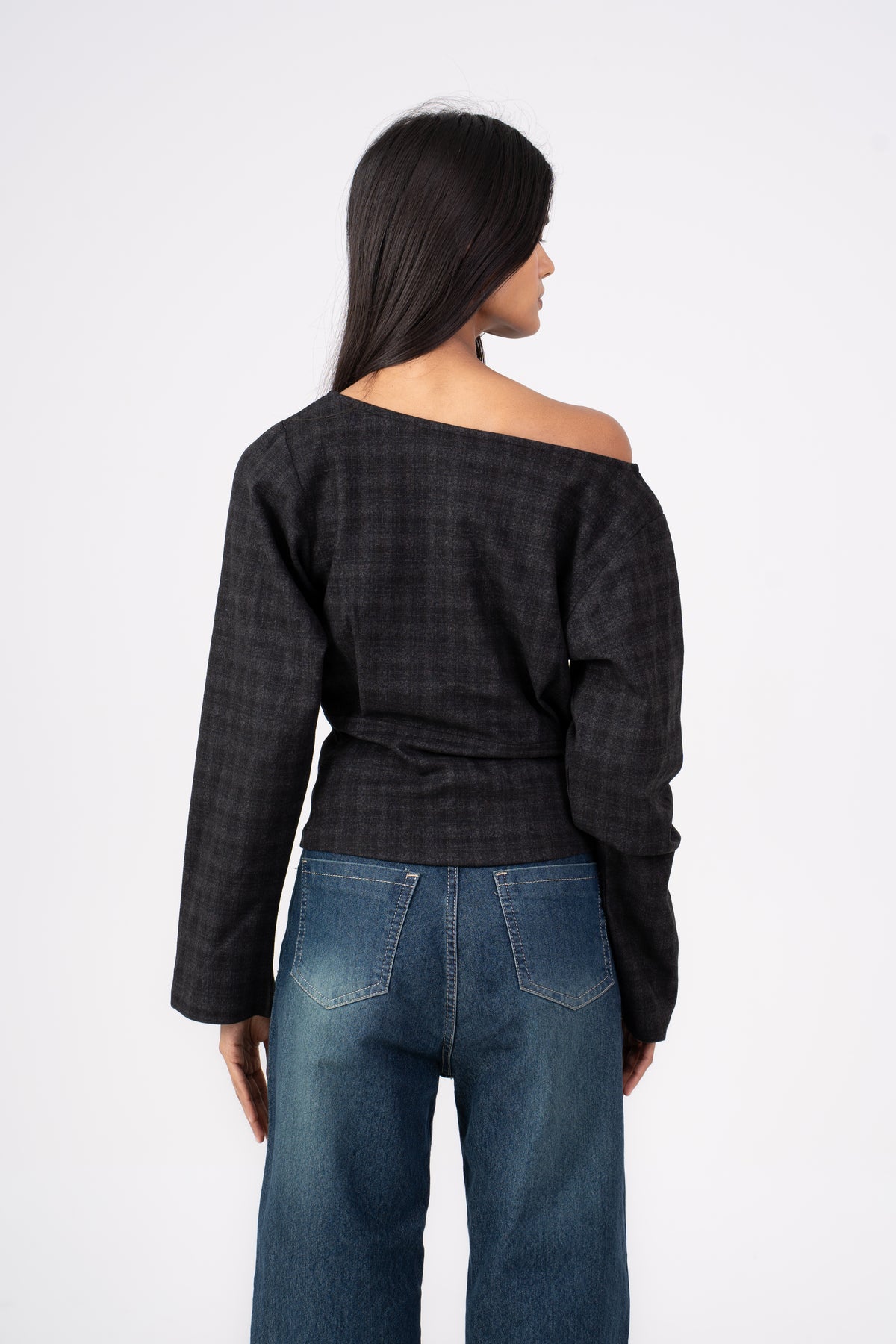Pleated Checkered Wool Top Grey
