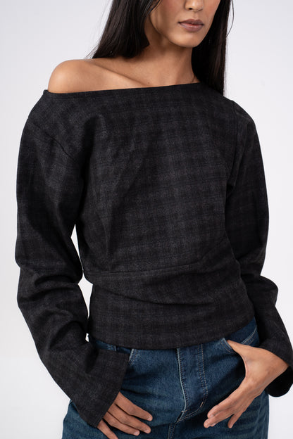 Pleated Checkered Wool Top Grey