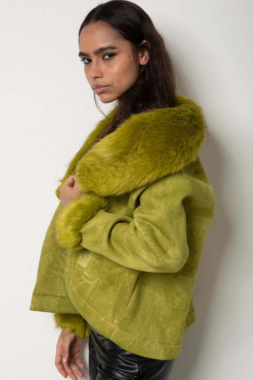 Faux Fur Trimmed Green Jacket