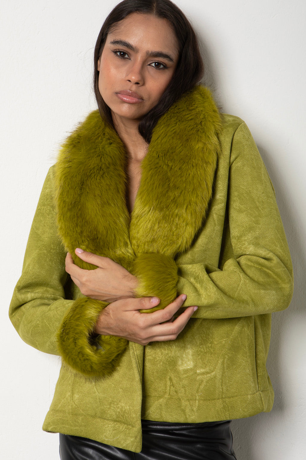 Faux Fur Trimmed Green Jacket
