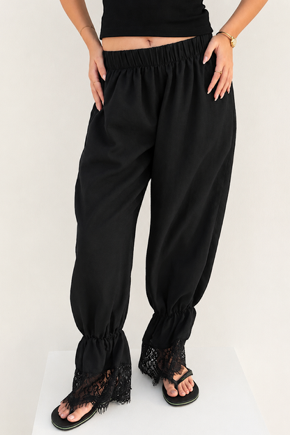Ballon Linen Pants with Lace Black