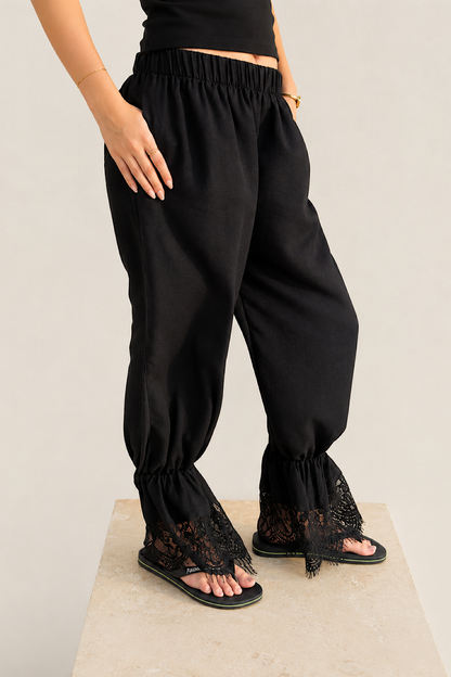 Ballon Linen Pants with Lace Black