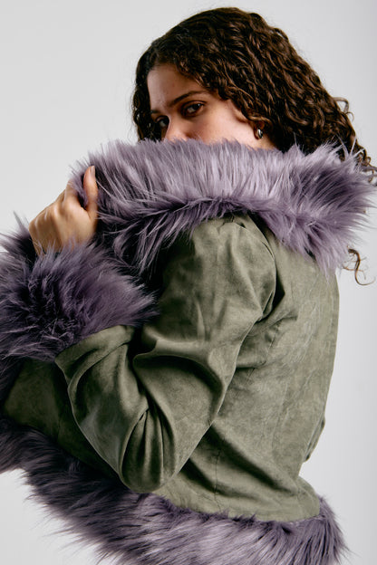 90s Edgy Glam Fur-Trimmed Green Jacket