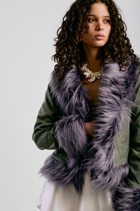 90s Edgy Glam Fur-Trimmed Green Jacket